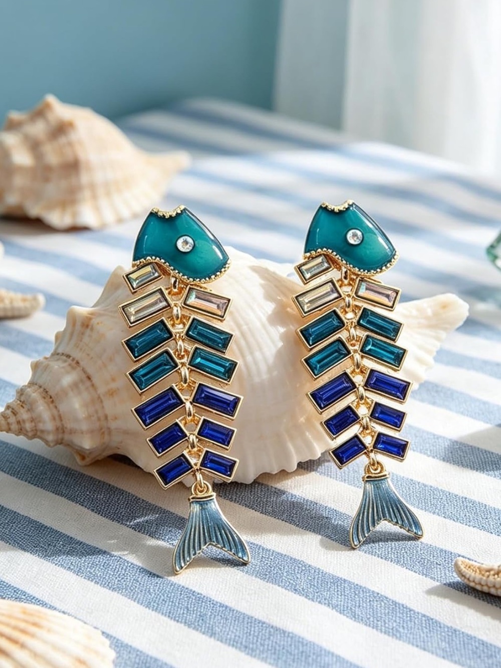 Ocean Blue Fishbone Statement Earrings Coastal Chic